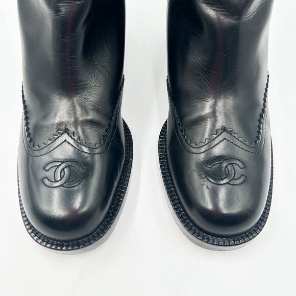 Chanel Knee High Boots Cap Toe Black Leather Lace Up Cutout - Picture 5 of 16